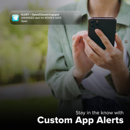 La Crosse Technology Alert and Monitoring system with a male receiving a message on their smartphone of an alert that their open close contact sensor detected a gate had opened with text that says stay in the know with Custom Alerts