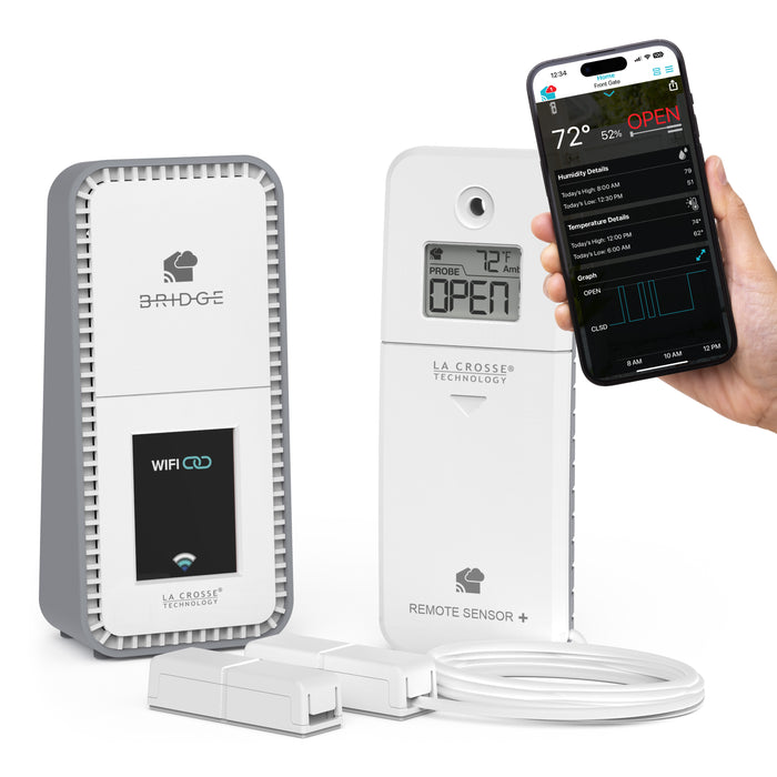 Contact King alert and monitoring system with a contact sensor with ambient temperature and humidity to be informed if a drawer door gate is opened or closed works with a Bridge gateway and the La Crosse View app