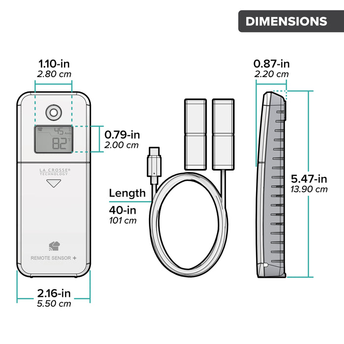 Drawing of an alert and monitoring system open closed contact sensor with ambient temperature and humidity showing a front and side view of the sensor and an arial view of the contact cable with dimensions in inches and centimeters