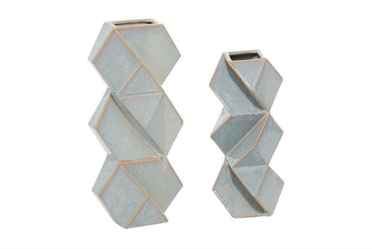 COSMOLIVING BY COSMOPOLITAN BLUE CERAMIC FACETED VASE WITH DIAMOND SHAPES,