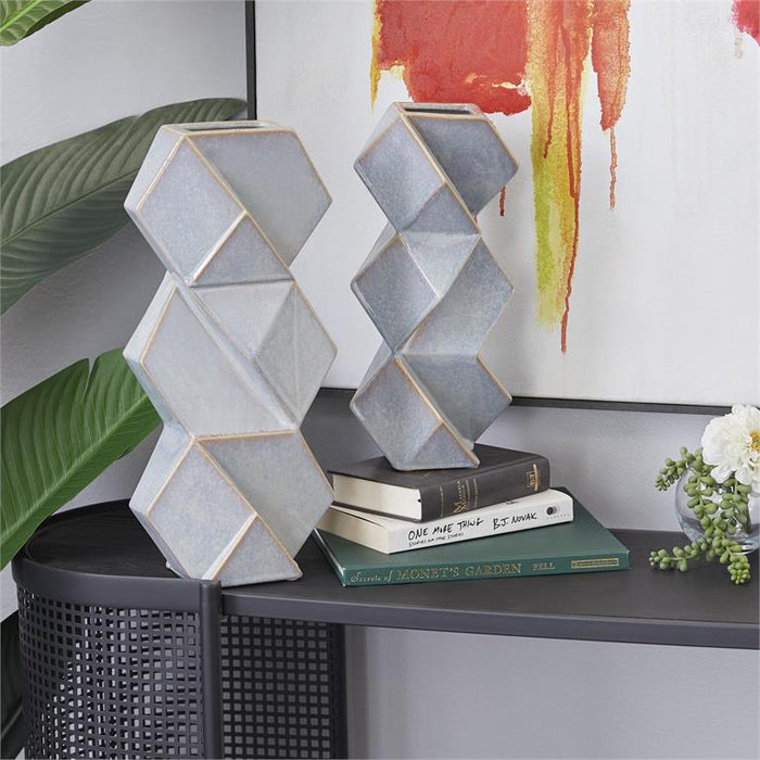 COSMOLIVING BY COSMOPOLITAN BLUE CERAMIC FACETED VASE WITH DIAMOND SHAPES,