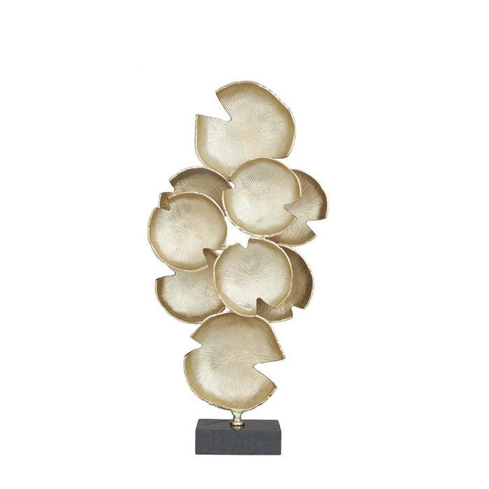 COSMOLIVING BY COSMOPOLITAN GOLD ALUMINUM ABSTRACT LAYERED DISK SCULPTURE WITH BLACK BASE