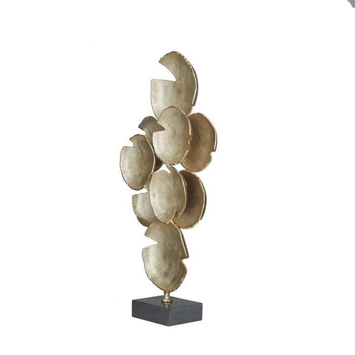 COSMOLIVING BY COSMOPOLITAN GOLD ALUMINUM ABSTRACT LAYERED DISK SCULPTURE WITH BLACK BASE
