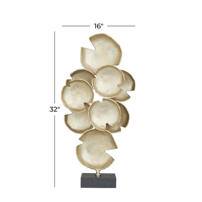 COSMOLIVING BY COSMOPOLITAN GOLD ALUMINUM ABSTRACT LAYERED DISK SCULPTURE WITH BLACK BASE