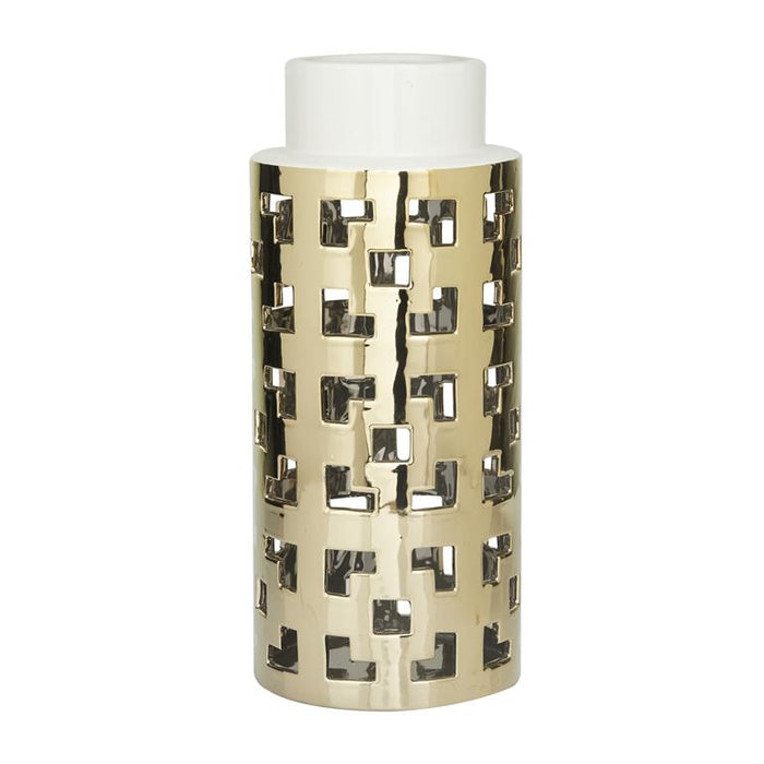 COSMOLIVING BY COSMOPOLITAN GOLD CERAMIC VASE WITH GOLD CUT OUT ACCENTS,
