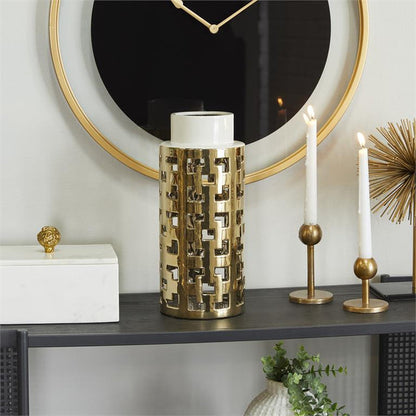 COSMOLIVING BY COSMOPOLITAN GOLD CERAMIC VASE WITH GOLD CUT OUT ACCENTS,