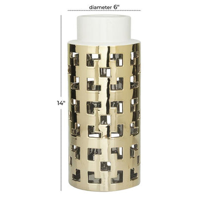 COSMOLIVING BY COSMOPOLITAN GOLD CERAMIC VASE WITH GOLD CUT OUT ACCENTS,