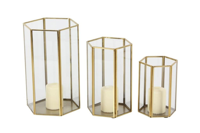 COSMOLIVING BY COSMOPOLITAN GOLD GLASS PILLAR CANDLE LANTERN WITH METAL PLATE
