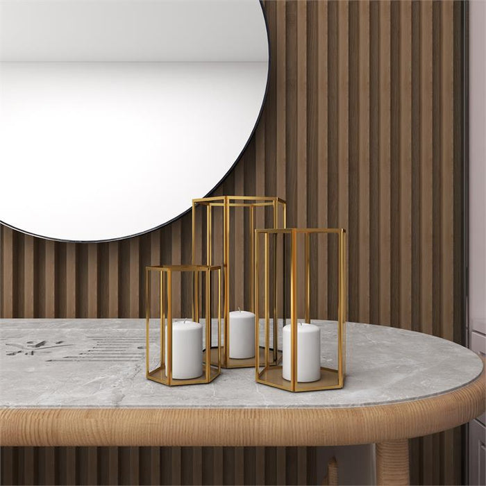 COSMOLIVING BY COSMOPOLITAN GOLD GLASS PILLAR CANDLE LANTERN WITH METAL PLATE