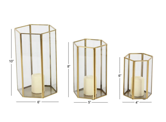 COSMOLIVING BY COSMOPOLITAN GOLD GLASS PILLAR CANDLE LANTERN WITH METAL PLATE