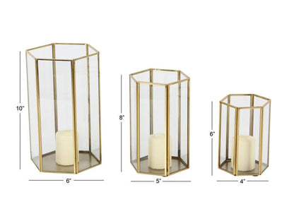 COSMOLIVING BY COSMOPOLITAN GOLD GLASS PILLAR CANDLE LANTERN WITH METAL PLATE