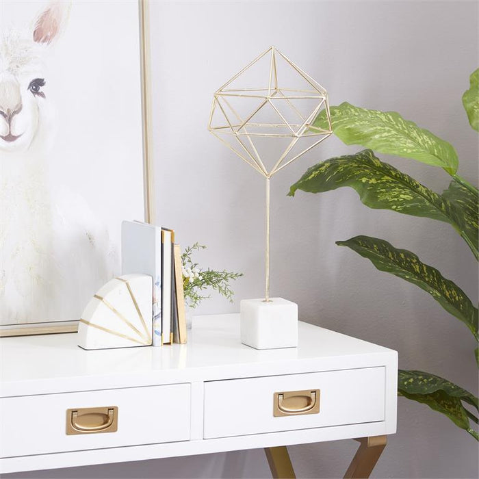 COSMOLIVING BY COSMOPOLITAN GOLD MARBLE GEOMETRIC SCULPTURE WITH MARBLE BASE,