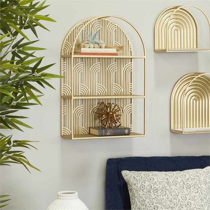 COSMOLIVING BY COSMOPOLITAN GOLD METAL ARCHED 3 SHELF WALL SHELF