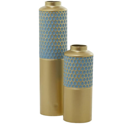COSMOLIVING BY COSMOPOLITAN LIGHT BLUE METAL HONEYCOMB VASE,