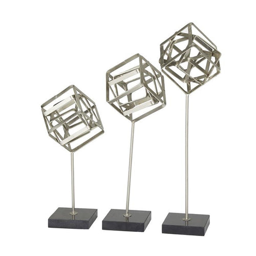 COSMOLIVING BY COSMOPOLITAN SILVER MARBLE GEOMETRIC SCULPTURE WITH MARBLE BASE,