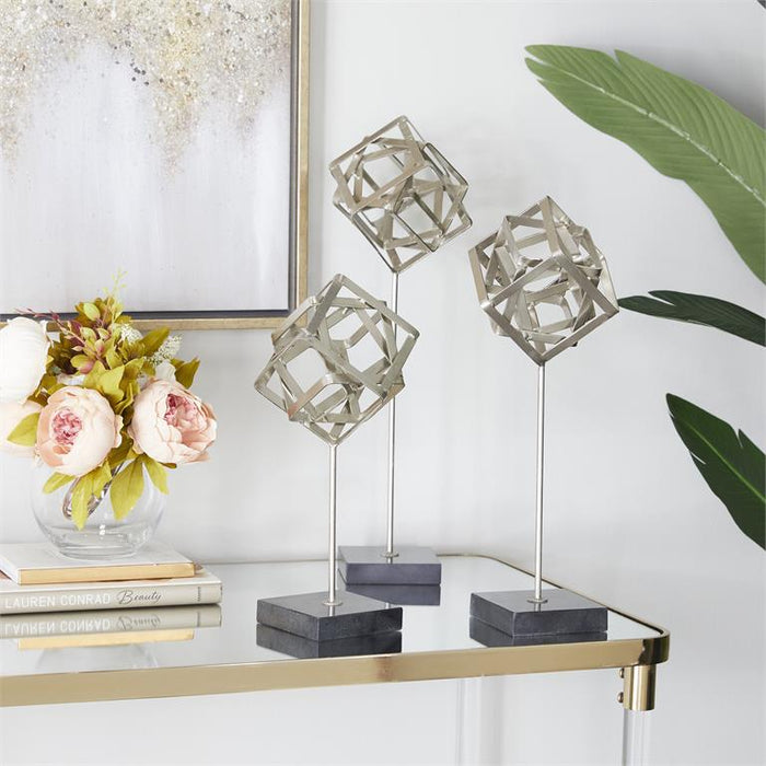 COSMOLIVING BY COSMOPOLITAN SILVER MARBLE GEOMETRIC SCULPTURE WITH MARBLE BASE,