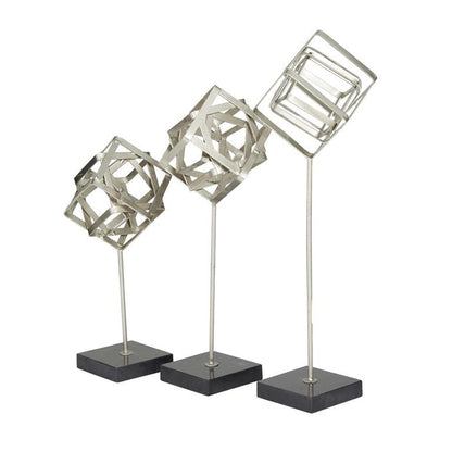 COSMOLIVING BY COSMOPOLITAN SILVER MARBLE GEOMETRIC SCULPTURE WITH MARBLE BASE,
