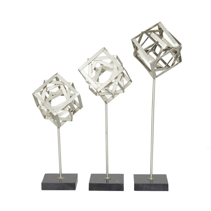 COSMOLIVING BY COSMOPOLITAN SILVER MARBLE GEOMETRIC SCULPTURE WITH MARBLE BASE,