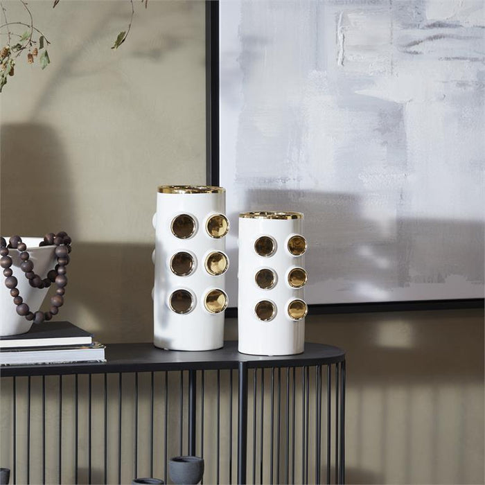 COSMOLIVING BY COSMOPOLITAN WHITE CERAMIC VASE WITH GOLD CIRCLE ACCENTS