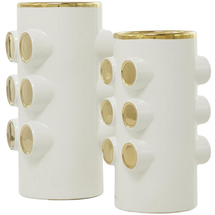 COSMOLIVING BY COSMOPOLITAN WHITE CERAMIC VASE WITH GOLD CIRCLE ACCENTS