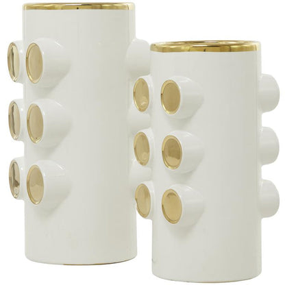 COSMOLIVING BY COSMOPOLITAN WHITE CERAMIC VASE WITH GOLD CIRCLE ACCENTS