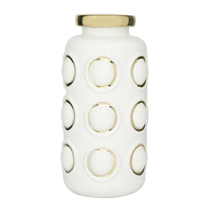 COSMOLIVING BY COSMOPOLITAN WHITE CERAMIC VASE WITH GOLD CIRCLE ACCENTS
