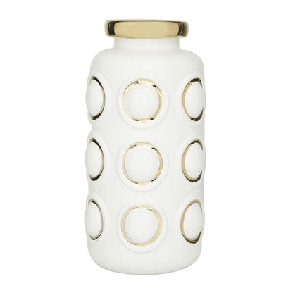 COSMOLIVING BY COSMOPOLITAN WHITE CERAMIC VASE WITH GOLD CIRCLE ACCENTS
