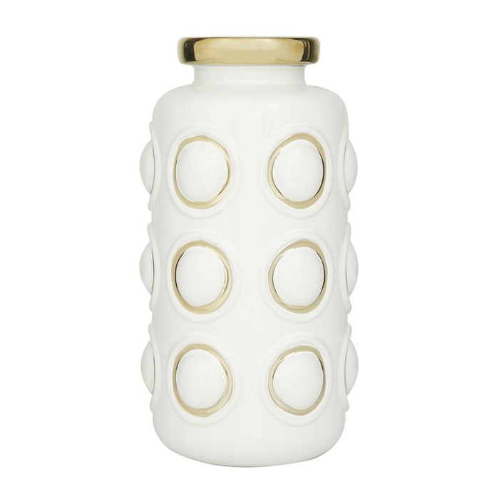 COSMOLIVING BY COSMOPOLITAN WHITE CERAMIC VASE WITH GOLD CIRCLE ACCENTS