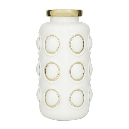 COSMOLIVING BY COSMOPOLITAN WHITE CERAMIC VASE WITH GOLD CIRCLE ACCENTS