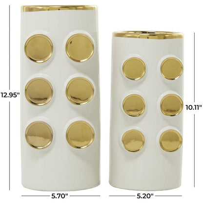 COSMOLIVING BY COSMOPOLITAN WHITE CERAMIC VASE WITH GOLD CIRCLE ACCENTS