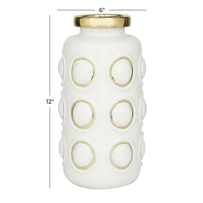 COSMOLIVING BY COSMOPOLITAN WHITE CERAMIC VASE WITH GOLD CIRCLE ACCENTS