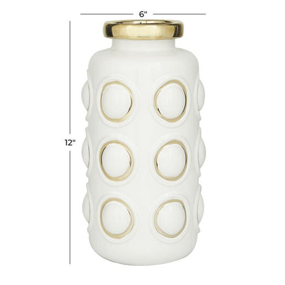 COSMOLIVING BY COSMOPOLITAN WHITE CERAMIC VASE WITH GOLD CIRCLE ACCENTS