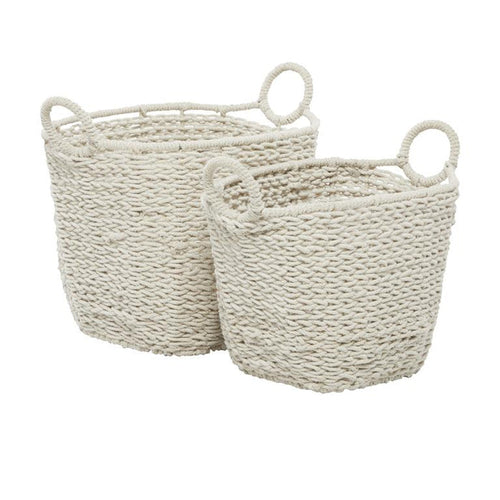 COSMOLIVING BY COSMOPOLITAN WHITE COTTON HANDMADE STORAGE BASKET WITH HANDLES