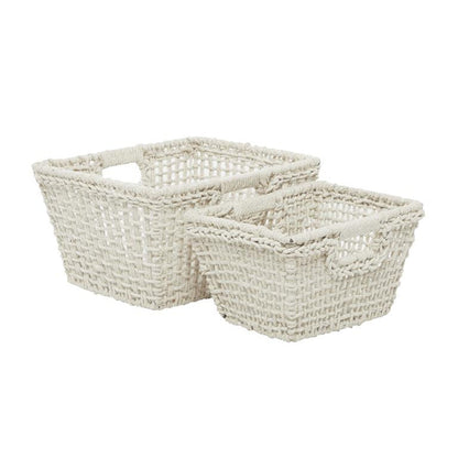COSMOLIVING BY COSMOPOLITAN WHITE COTTON HANDMADE STORAGE BASKET WITH HANDLES