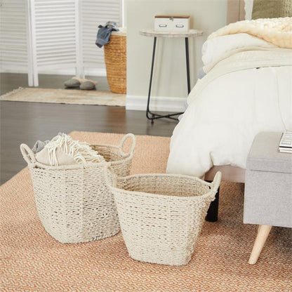 COSMOLIVING BY COSMOPOLITAN WHITE COTTON HANDMADE STORAGE BASKET WITH HANDLES