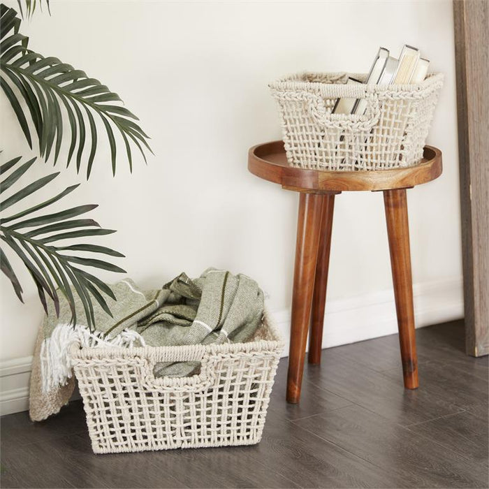 COSMOLIVING BY COSMOPOLITAN WHITE COTTON HANDMADE STORAGE BASKET WITH HANDLES