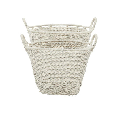 COSMOLIVING BY COSMOPOLITAN WHITE COTTON HANDMADE STORAGE BASKET WITH HANDLES