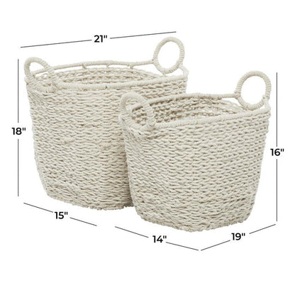 COSMOLIVING BY COSMOPOLITAN WHITE COTTON HANDMADE STORAGE BASKET WITH HANDLES