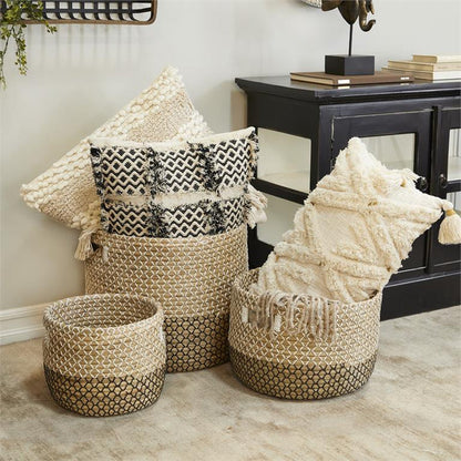 COSMOPOLITAN BROWN SEAGRASS HANDMADE TWO TONED STORAGE BASKET WITH HANDLES
