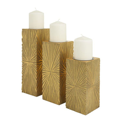 COSMOPOLITAN GOLD WOOD GEOMETRIC CARVED PILLAR CANDLE HOLDER, SET OF 3