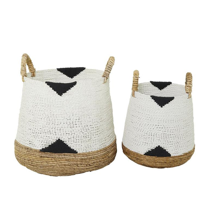 COSMOPOLITAN WHITE BANANA LEAF HANDMADE TRIANGLE DETAILS STORAGE BASKET WITH HANDLES