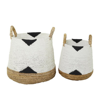 COSMOPOLITAN WHITE BANANA LEAF HANDMADE TRIANGLE DETAILS STORAGE BASKET WITH HANDLES