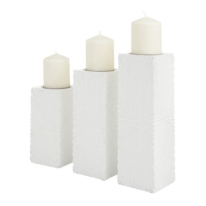 COSMOPOLITAN WHITE WOOD GEOMETRIC CARVED PILLAR CANDLE HOLDER, SET OF 3