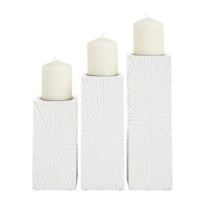 COSMOPOLITAN WHITE WOOD GEOMETRIC CARVED PILLAR CANDLE HOLDER, SET OF 3