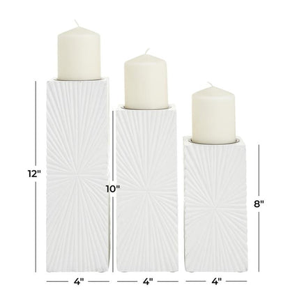 COSMOPOLITAN WHITE WOOD GEOMETRIC CARVED PILLAR CANDLE HOLDER, SET OF 3