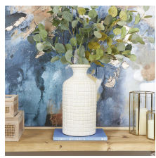 CREAM CERAMIC GEOMETRIC TEXTURED VASE WITH CHECKERED PATTERN, 8" X 8" X 16"