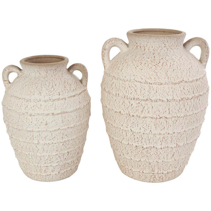 Cream Ceramic Textured Decorative Vase with Handles and Terracotta Accents