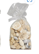 CREAM MANGO WOOD HANDMADE ORBS & VASE FILLER WITH FLORAL AND SHELL ACCENTS,