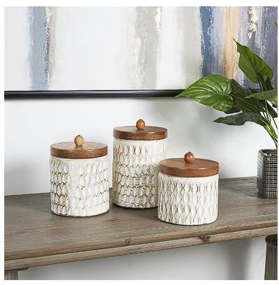 CREAM PAPER MACHE GEOMETRIC HANDMADE CARVED SPOTTED CANISTERS WITH BROWN REMOVABLE LIDS