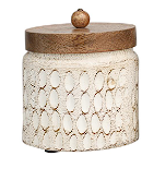 CREAM PAPER MACHE GEOMETRIC HANDMADE CARVED SPOTTED CANISTERS WITH BROWN REMOVABLE LIDS